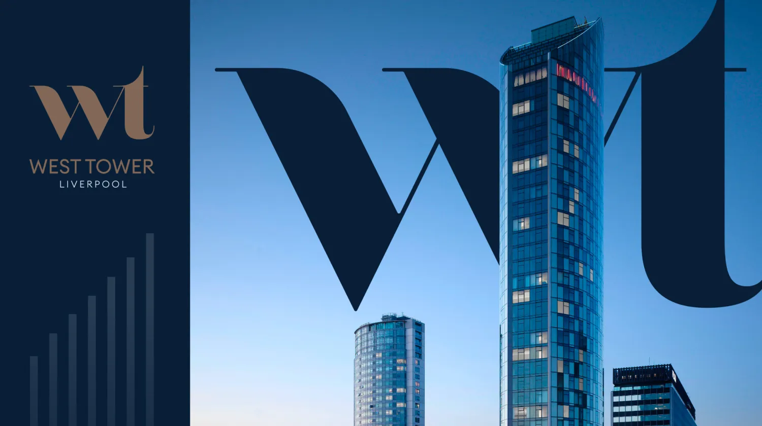 West Tower Liverpool logo beside a large wt monogram over a photo of the tower