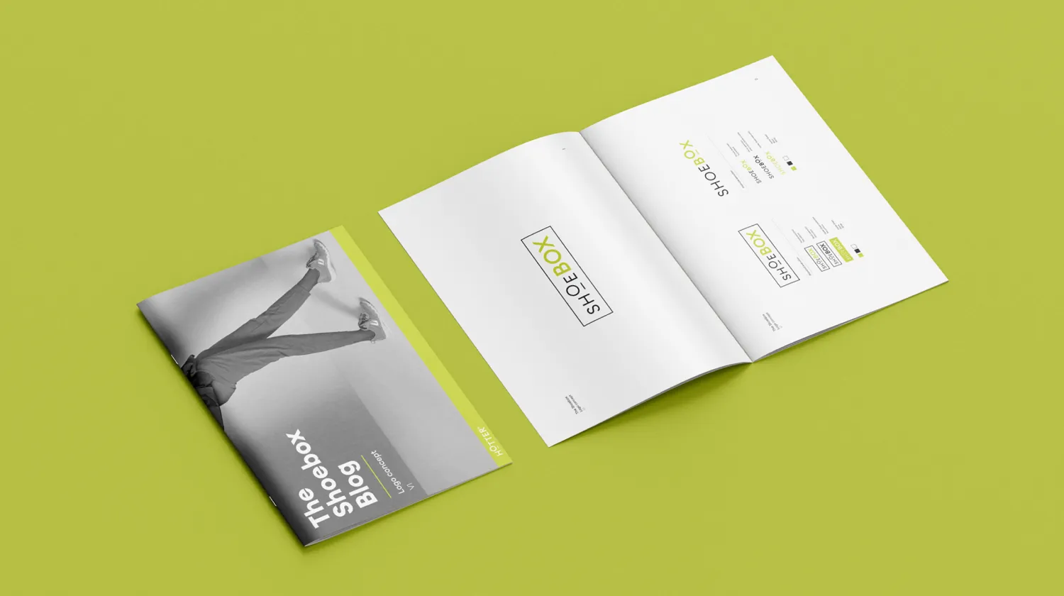 Shoebox brand booklet open on a lime green background