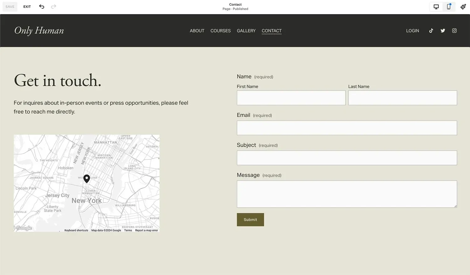 A screenshot of a map on a contact page in a Squarespace website.