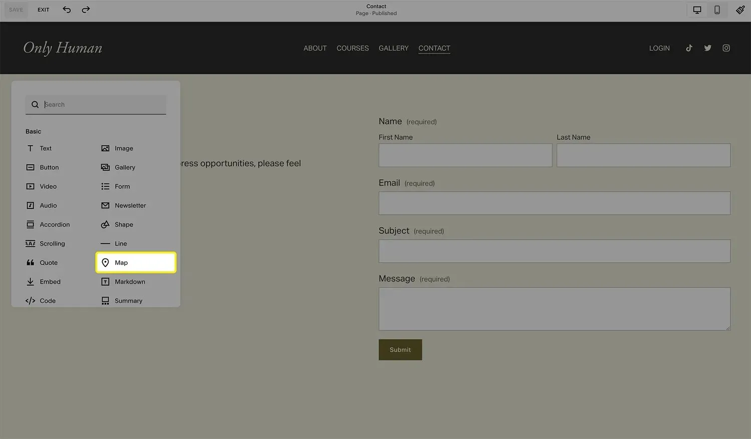 A screenshot of the map block option in the Squarespace editor.