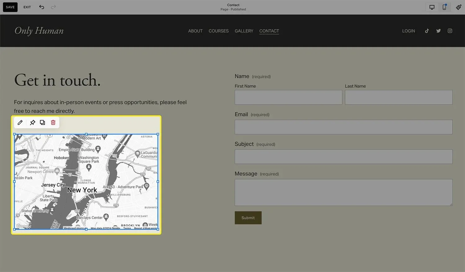 A screenshot of the map block on a Squarespace website.