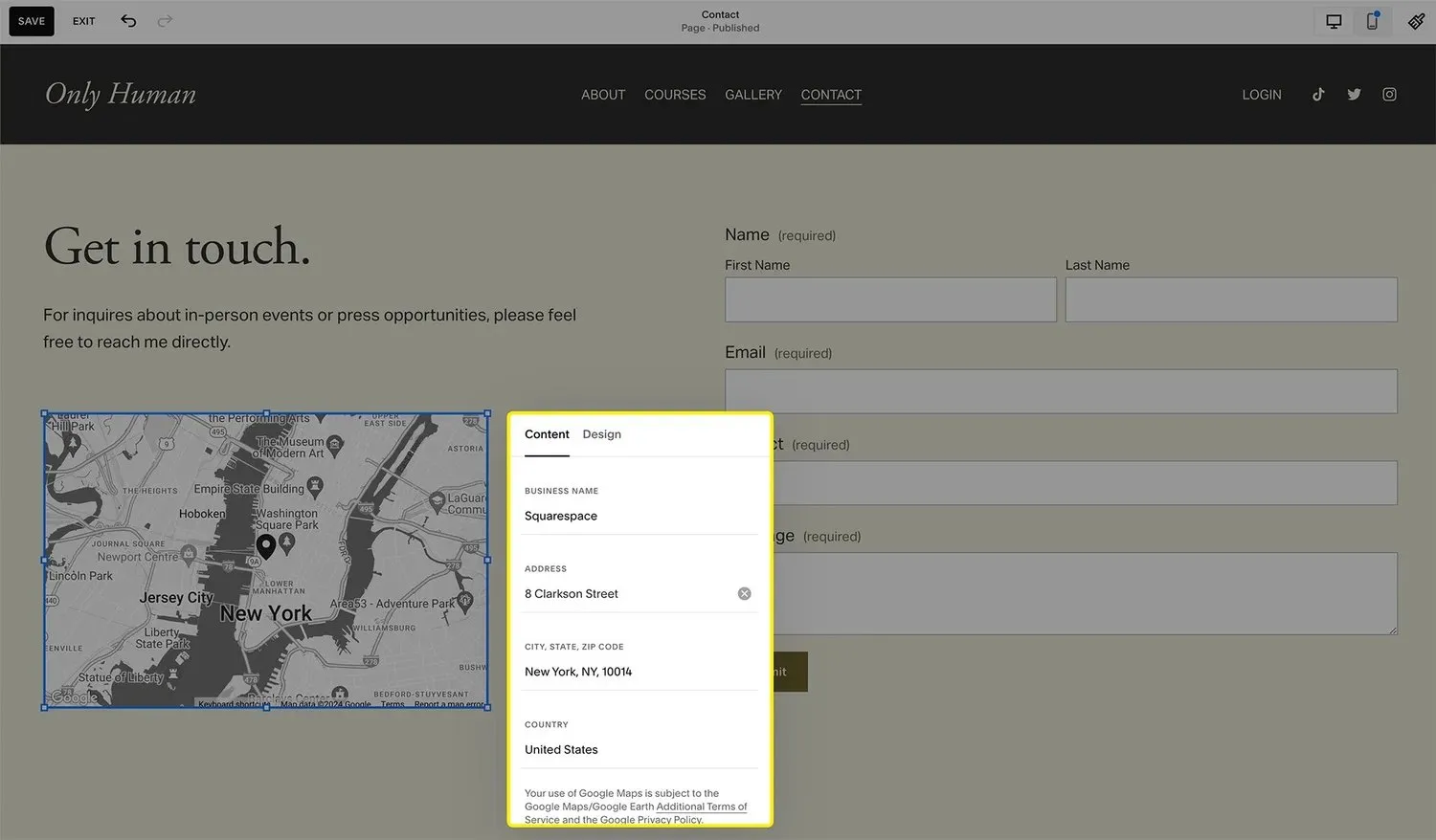 An example of a business address in a map in Squarespace.