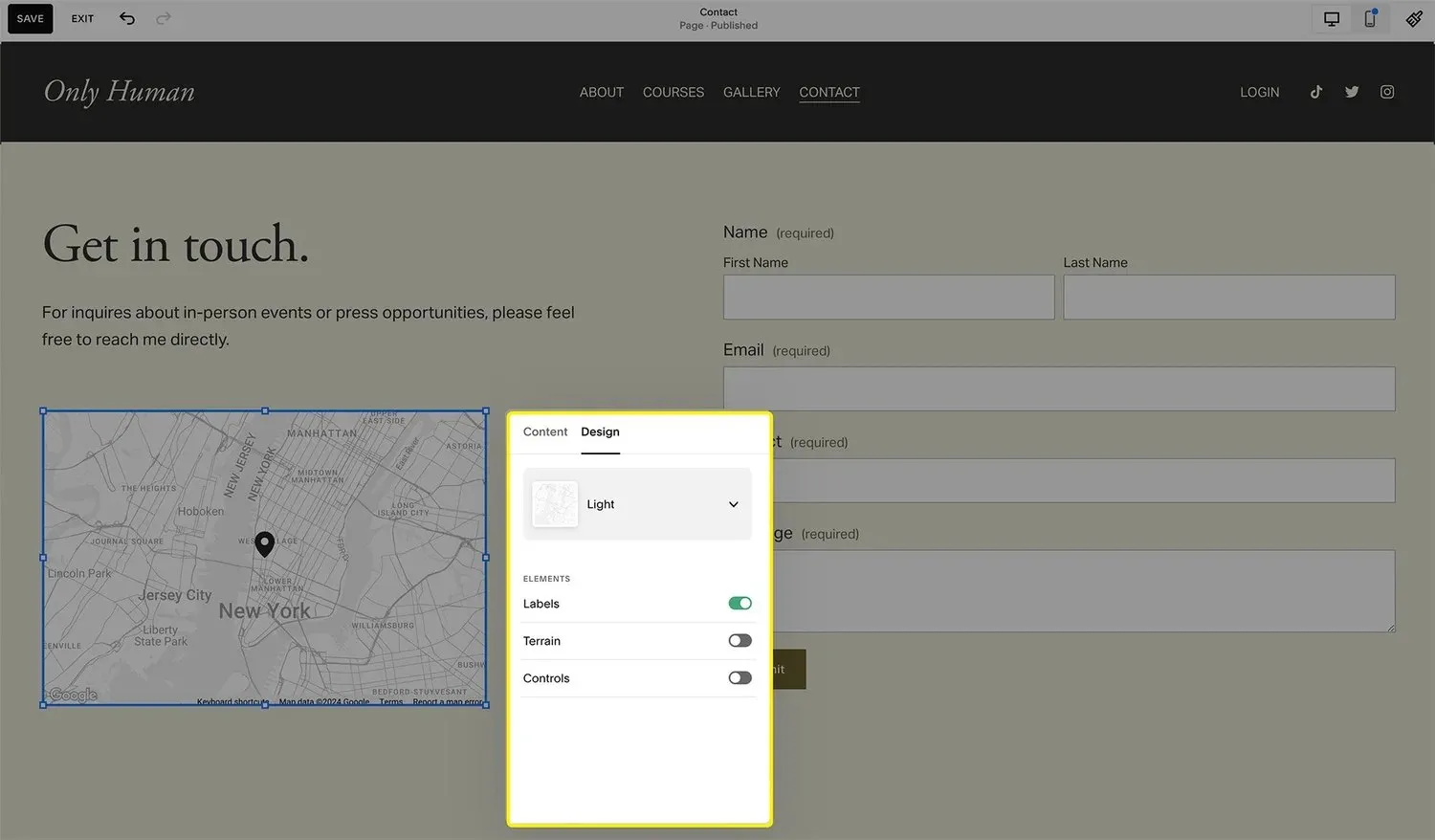 The map block's design settings in Squarespace.