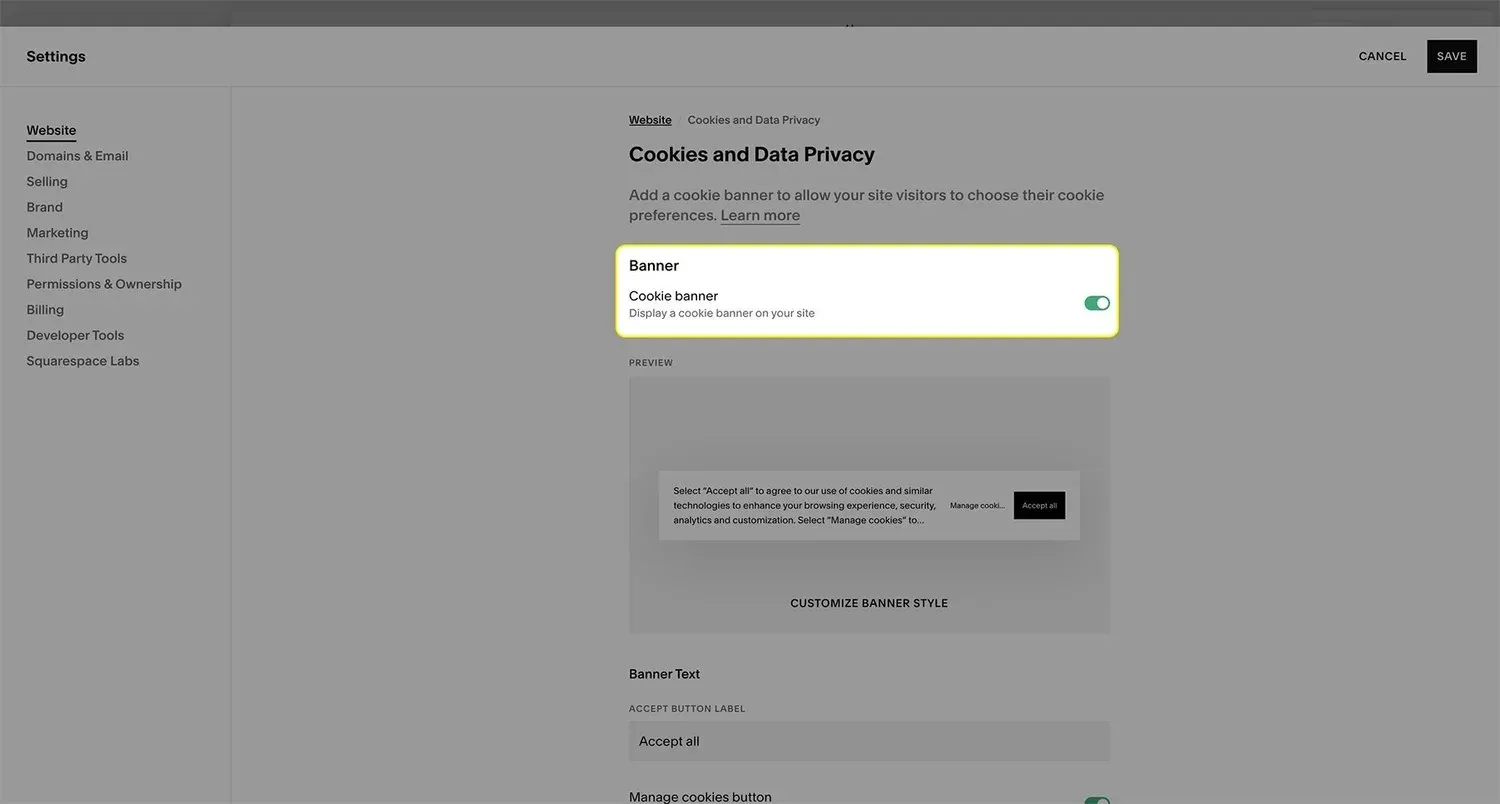 A screenshot of the Cookies and Data Privacy menu in Squarespace.