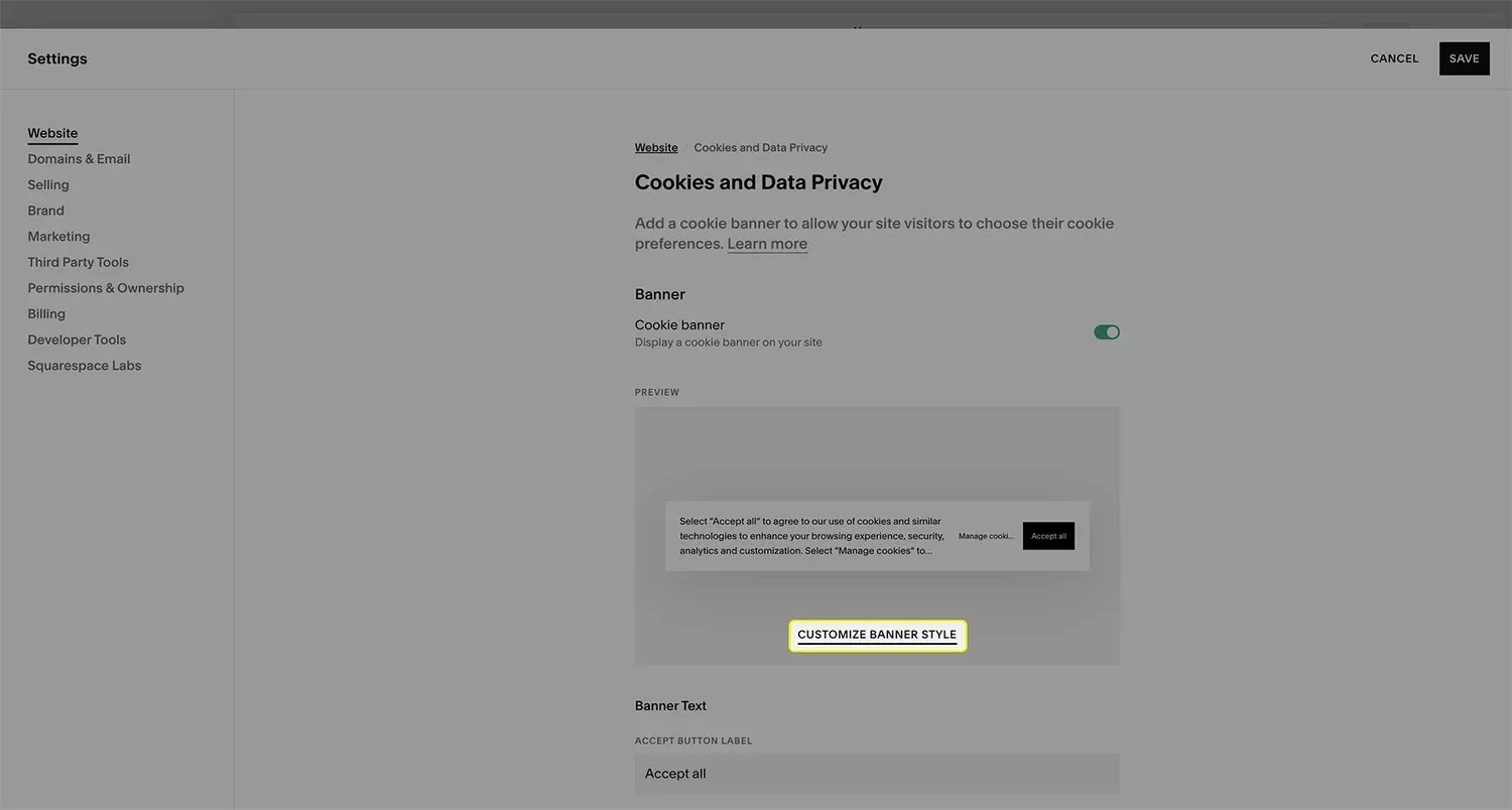 A screenshot of the Cookies and Data Privacy menu in Squarespace.