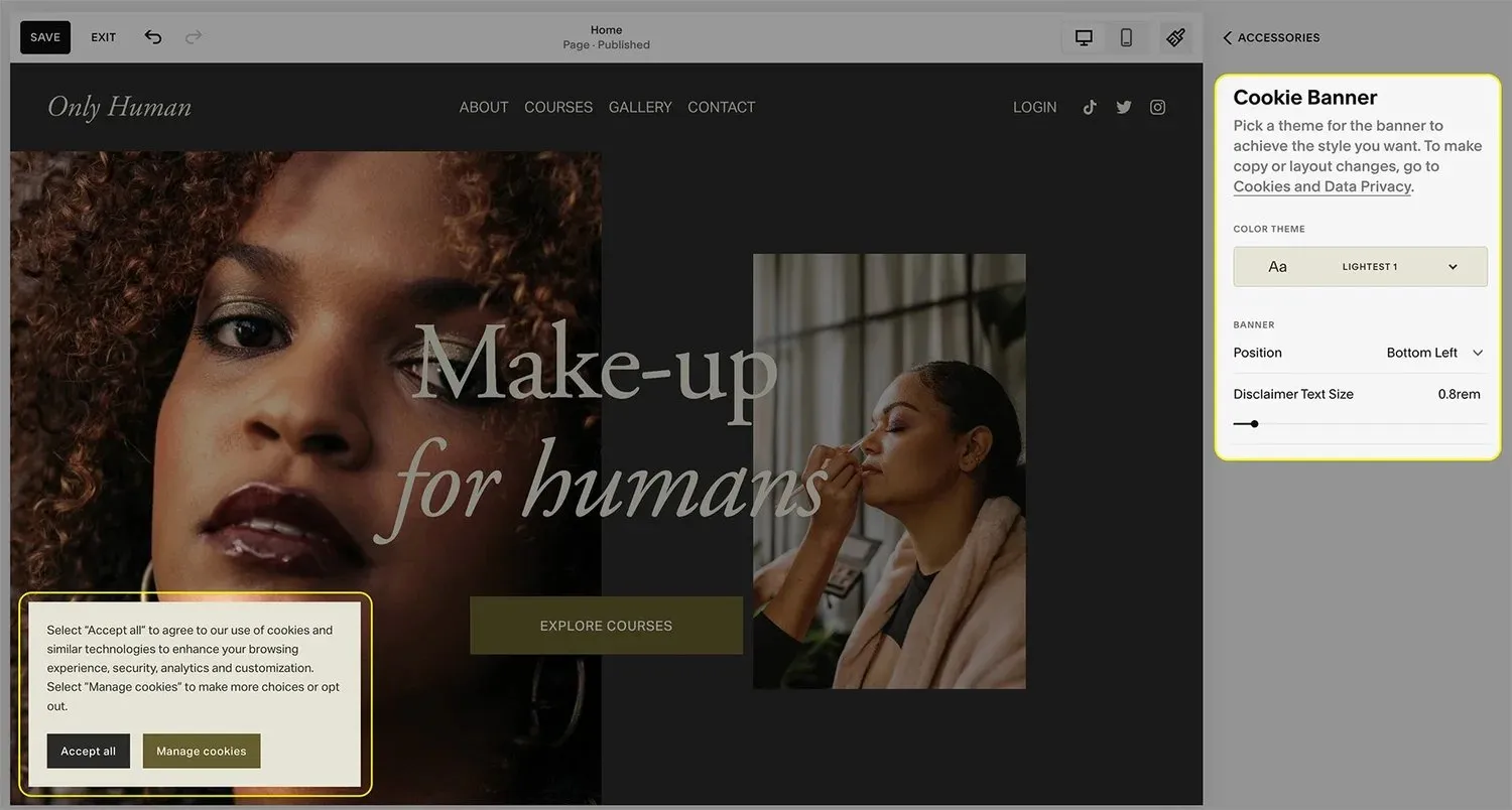 An example of the Cookie Banner customization options in Squarespace such as the color theme and position.