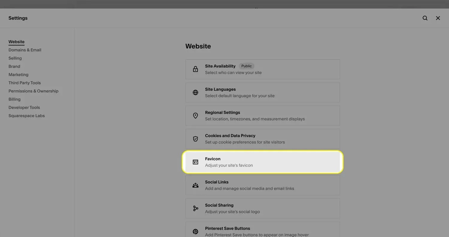 A screenshot highlighting the 'Favicon' option in the Squarespace settings menu.