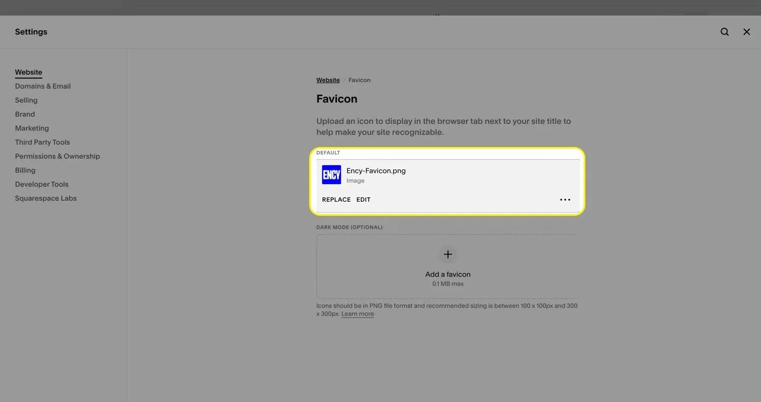 A screenshot demonstrating an uploaded Favicon in the Squarespace settings menu.
