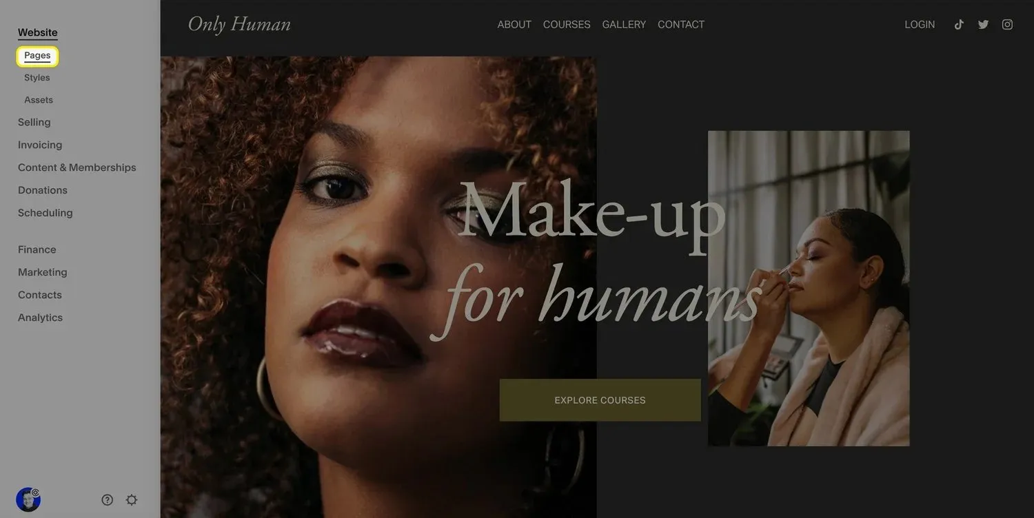 A screenshot of the main menu in Squarespace, highlighting the Pages tab.