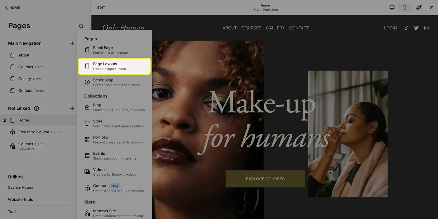A screenshot of the Page Layouts option in the Squarespace editor.