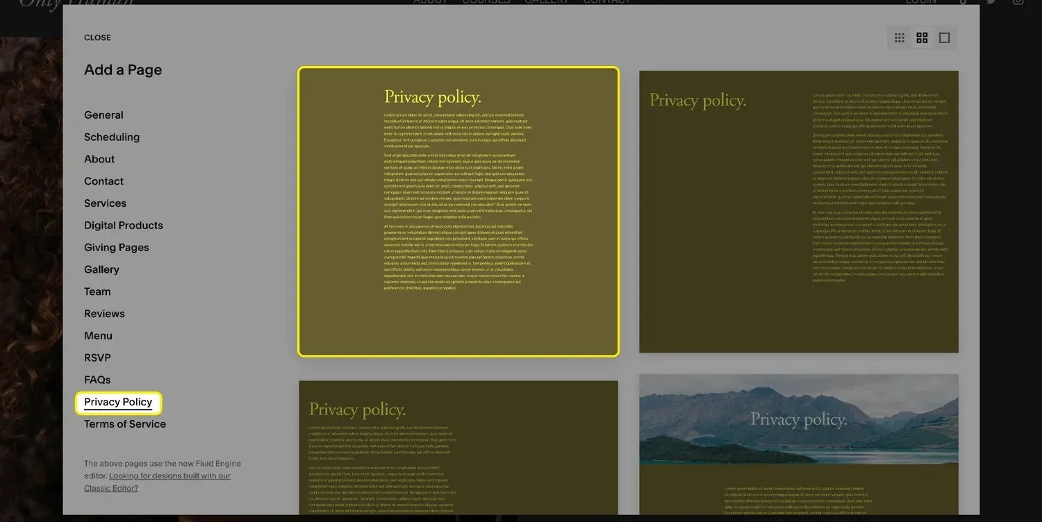 A screenshot of the different Privacy Policy page layouts in Squarespace.