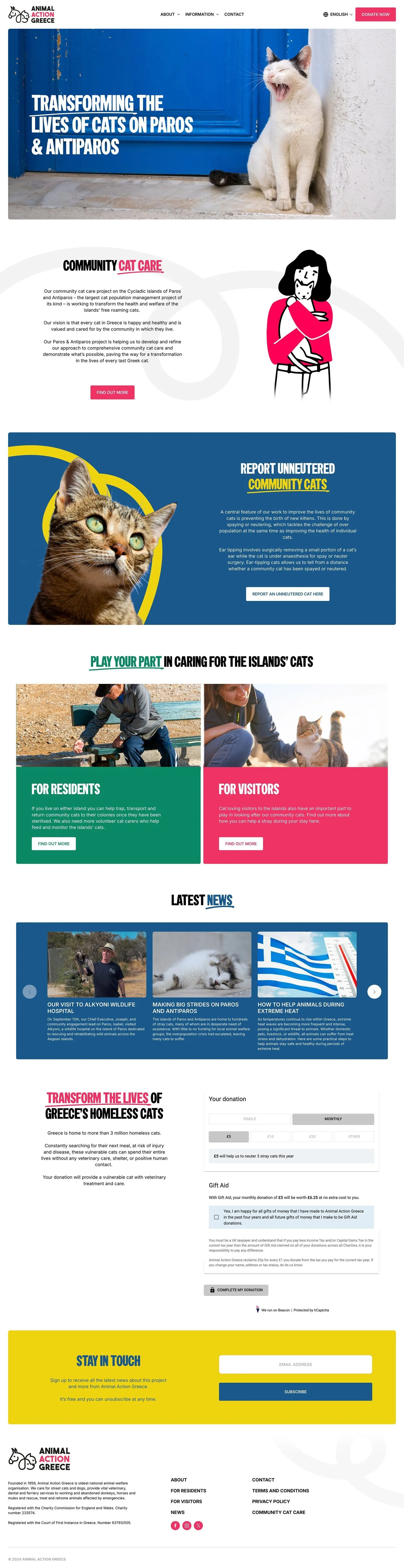Full homepage design of the Animal Action Greece website