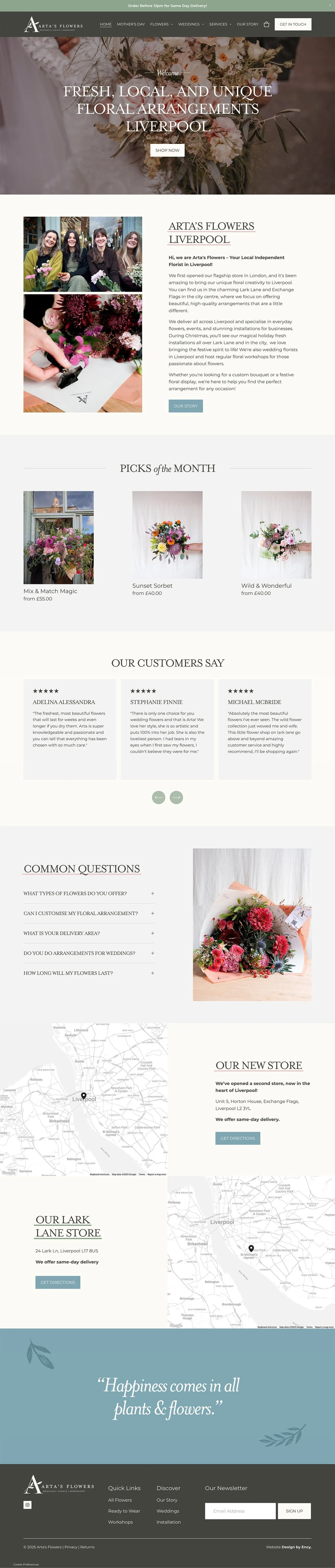 Full homepage design of the Arta’s Flowers website