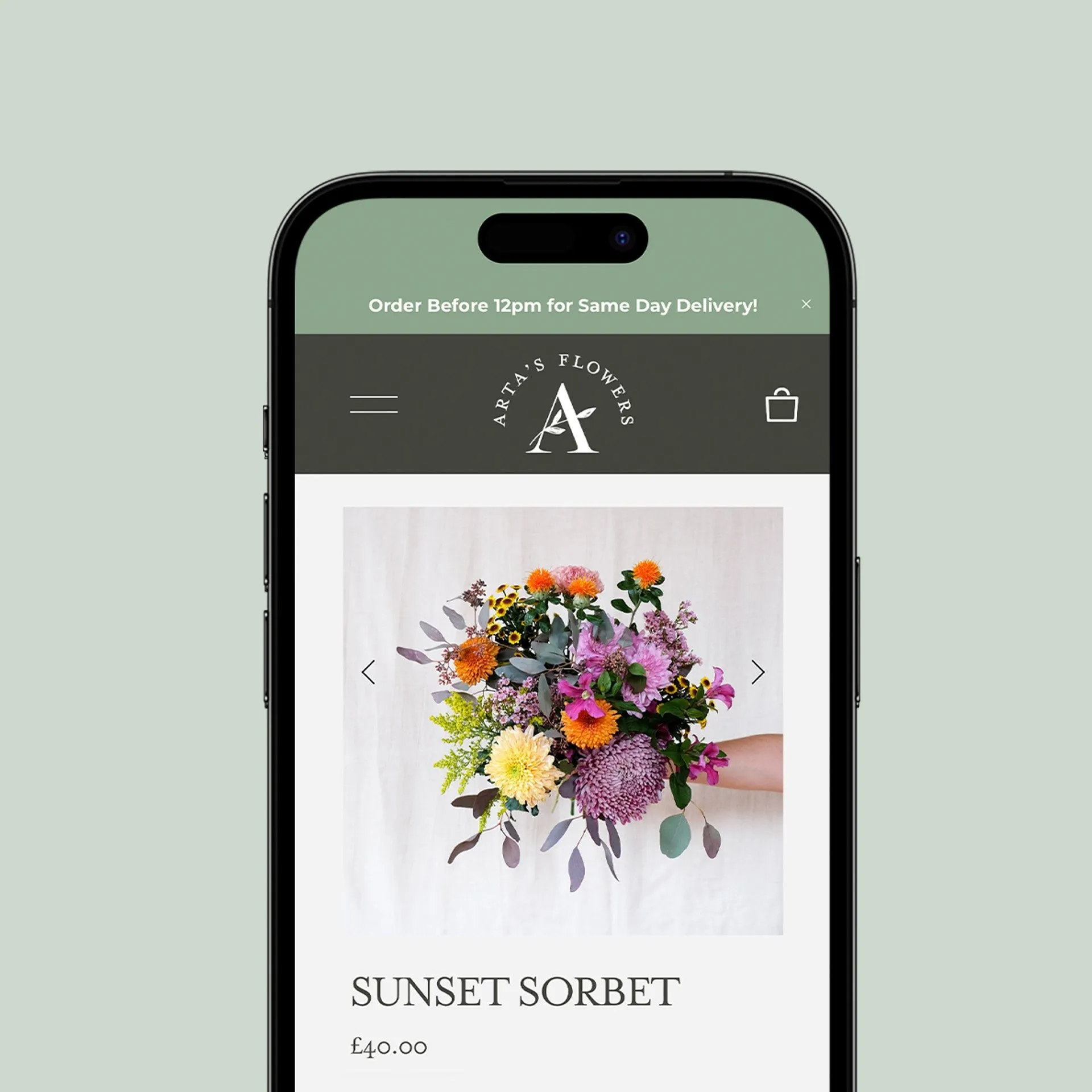 Arta’s Flowers website on a phone