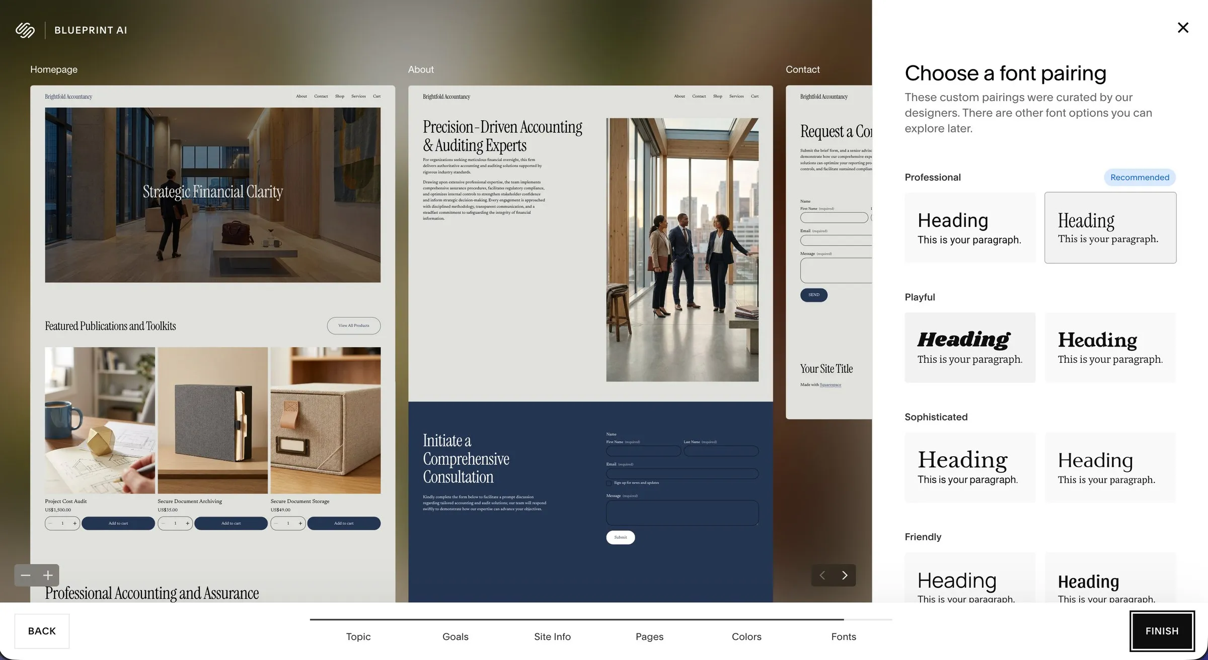 A website for Brightfold Accountancy generated by Squarespace Blueprint AI, with the font pairing options alongside