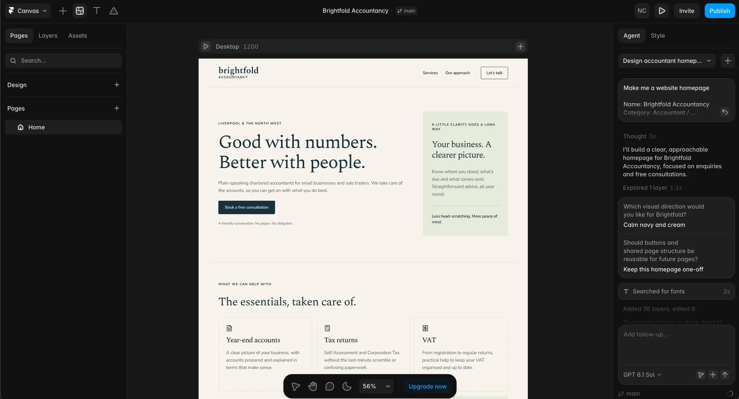 The Brightfold Accountancy site generated by Framer AI, in mint green and white