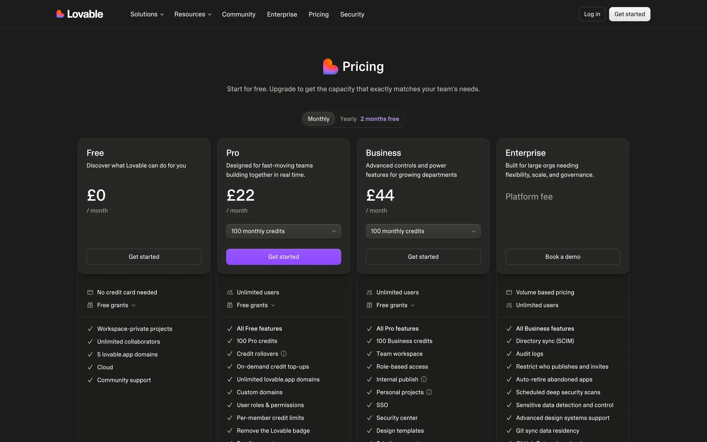 Lovable’s pricing page: Free, Pro at £22 a month, Business at £44 a month