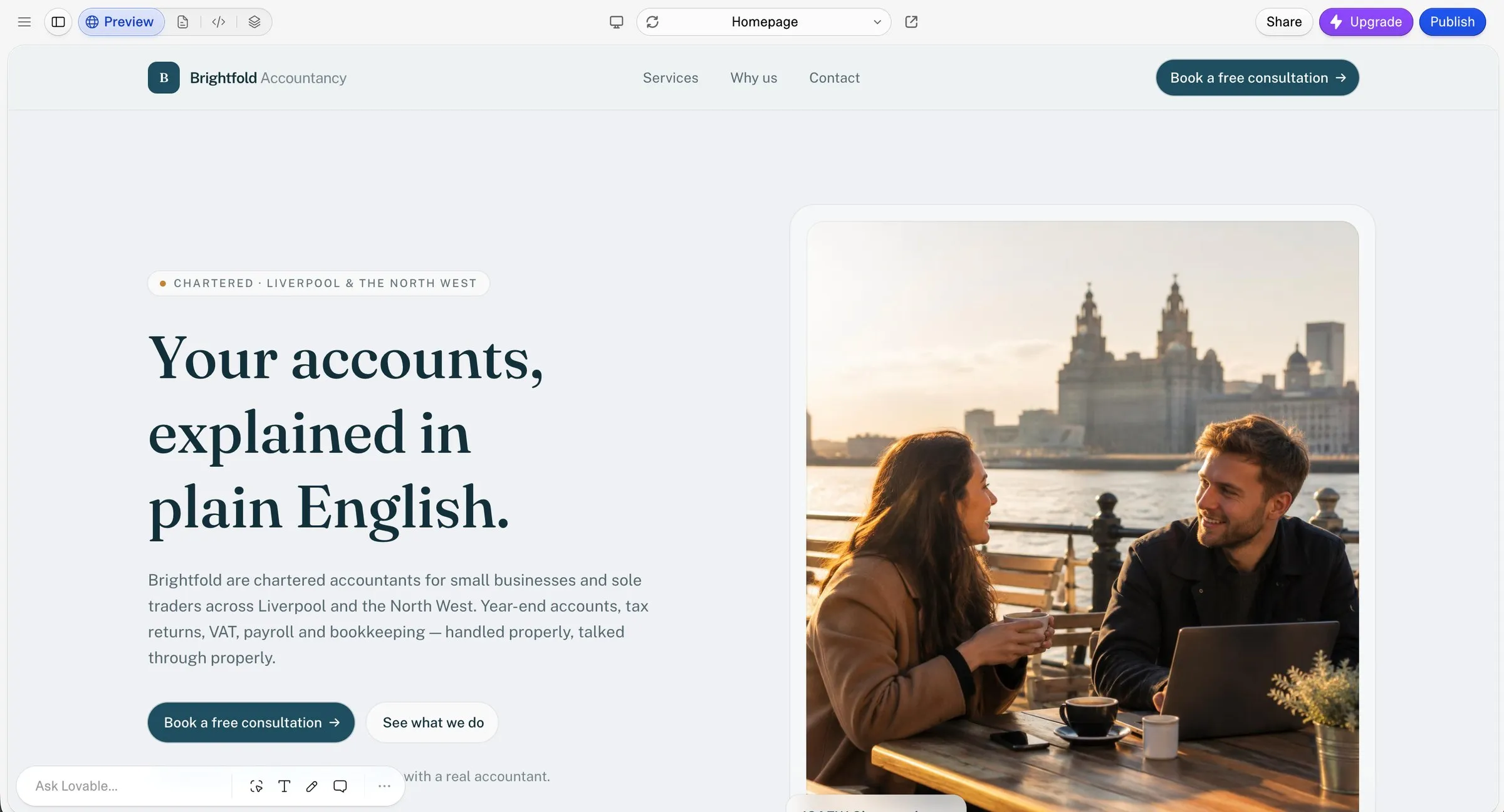 The Brightfold Accountancy site generated by Lovable