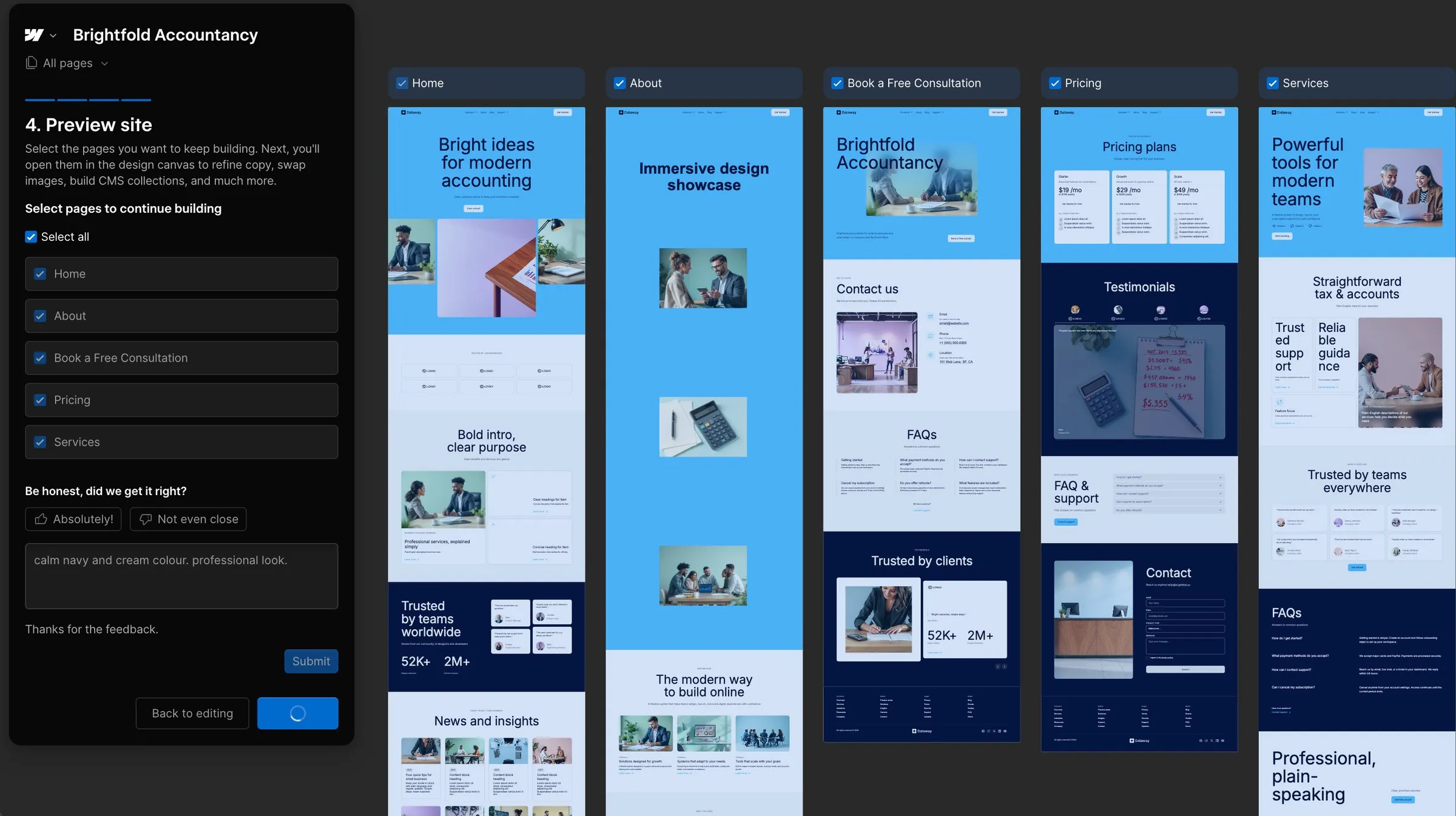 The Brightfold Accountancy site generated by Webflow AI