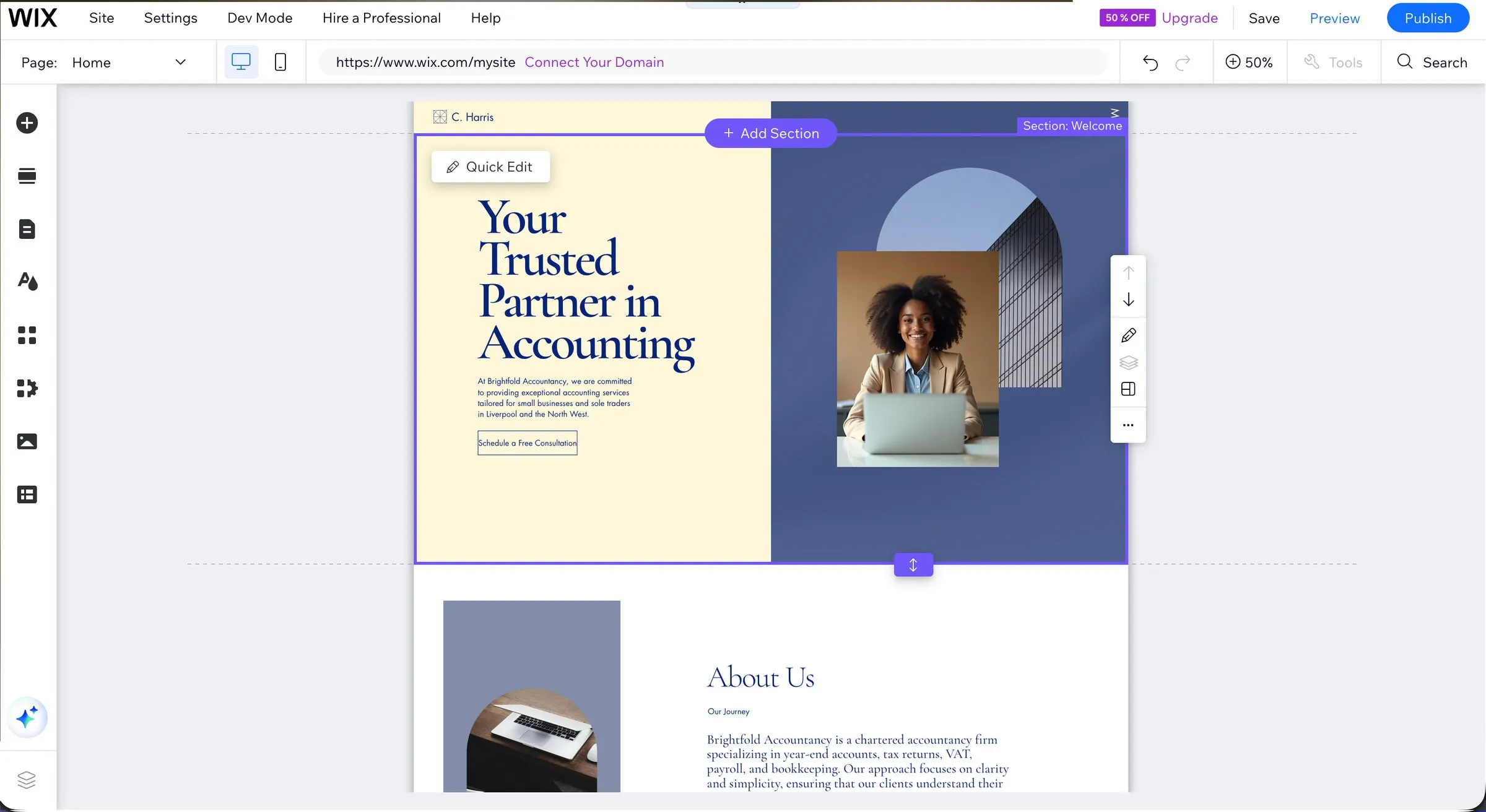 The Wix AI result for Brightfold Accountancy open in the Wix editor