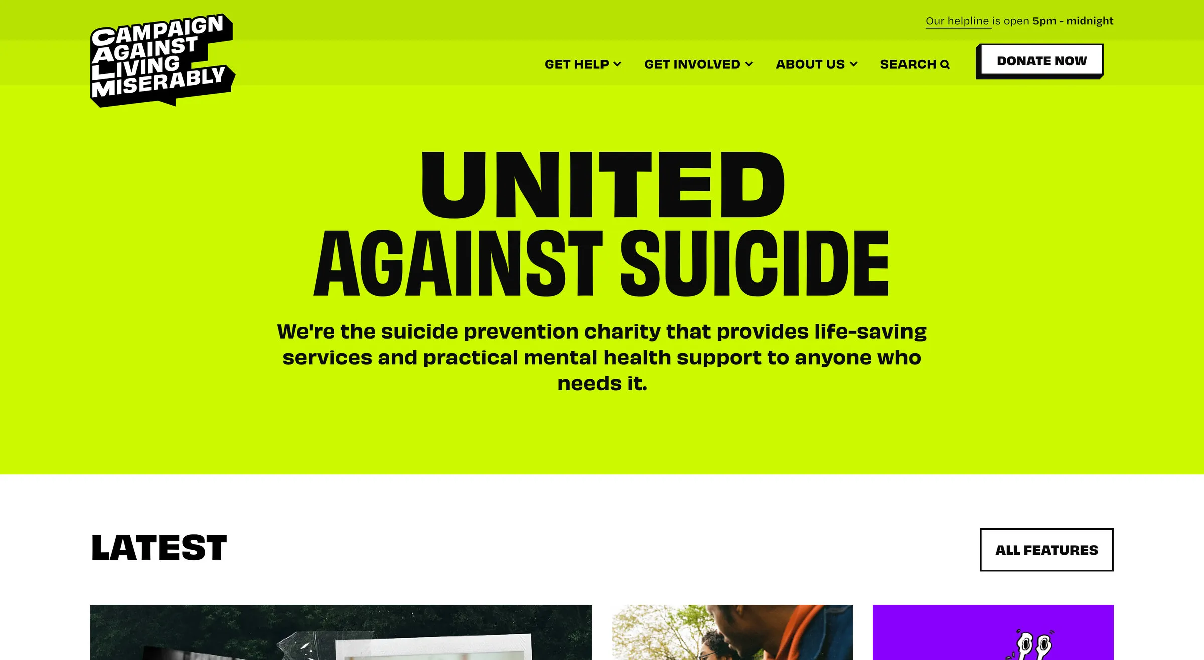 CALM’s homepage: the words United Against Suicide in heavy black capitals on an acid green background, with Get help first in the navigation