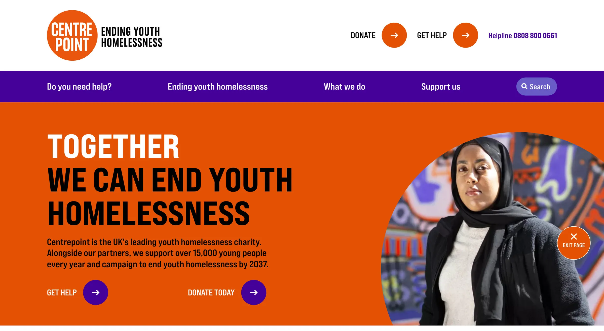 Centrepoint’s homepage: Together We Can End Youth Homelessness in large white capitals on orange, a young woman in a headscarf in a circular photo, and the buttons Get Help and Donate Today
