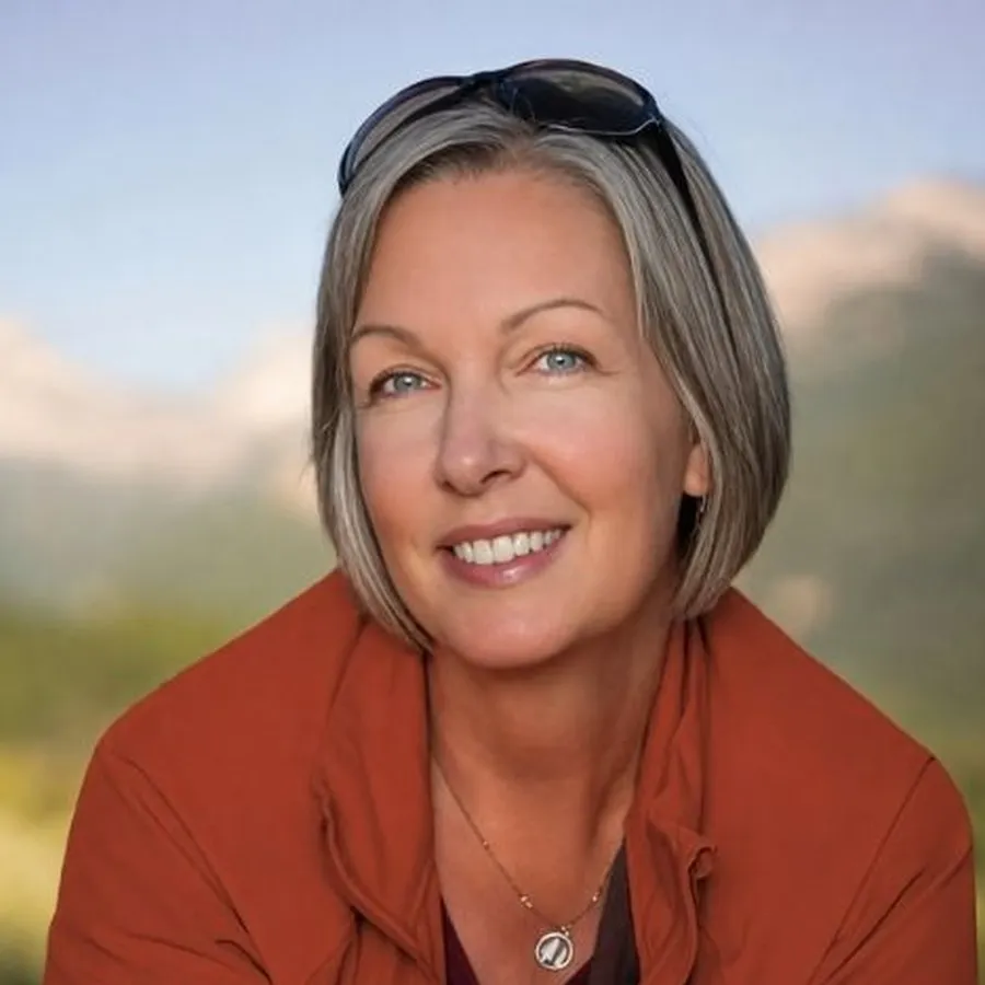 Diane Green of Diane Green Design, smiling outdoors with mountains behind her
