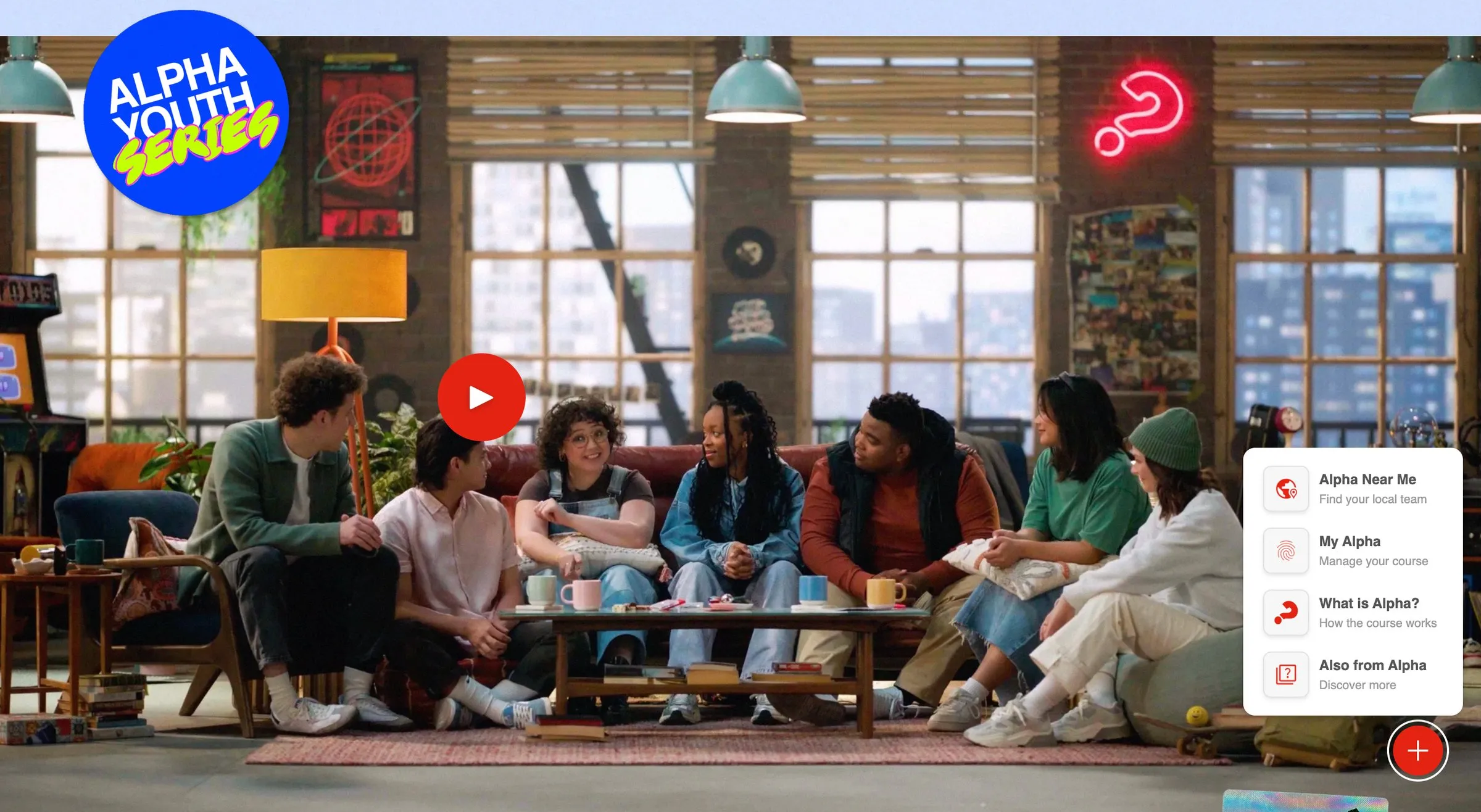 Alpha’s homepage on Squarespace showing the Alpha Youth Series video and a floating menu of four routes