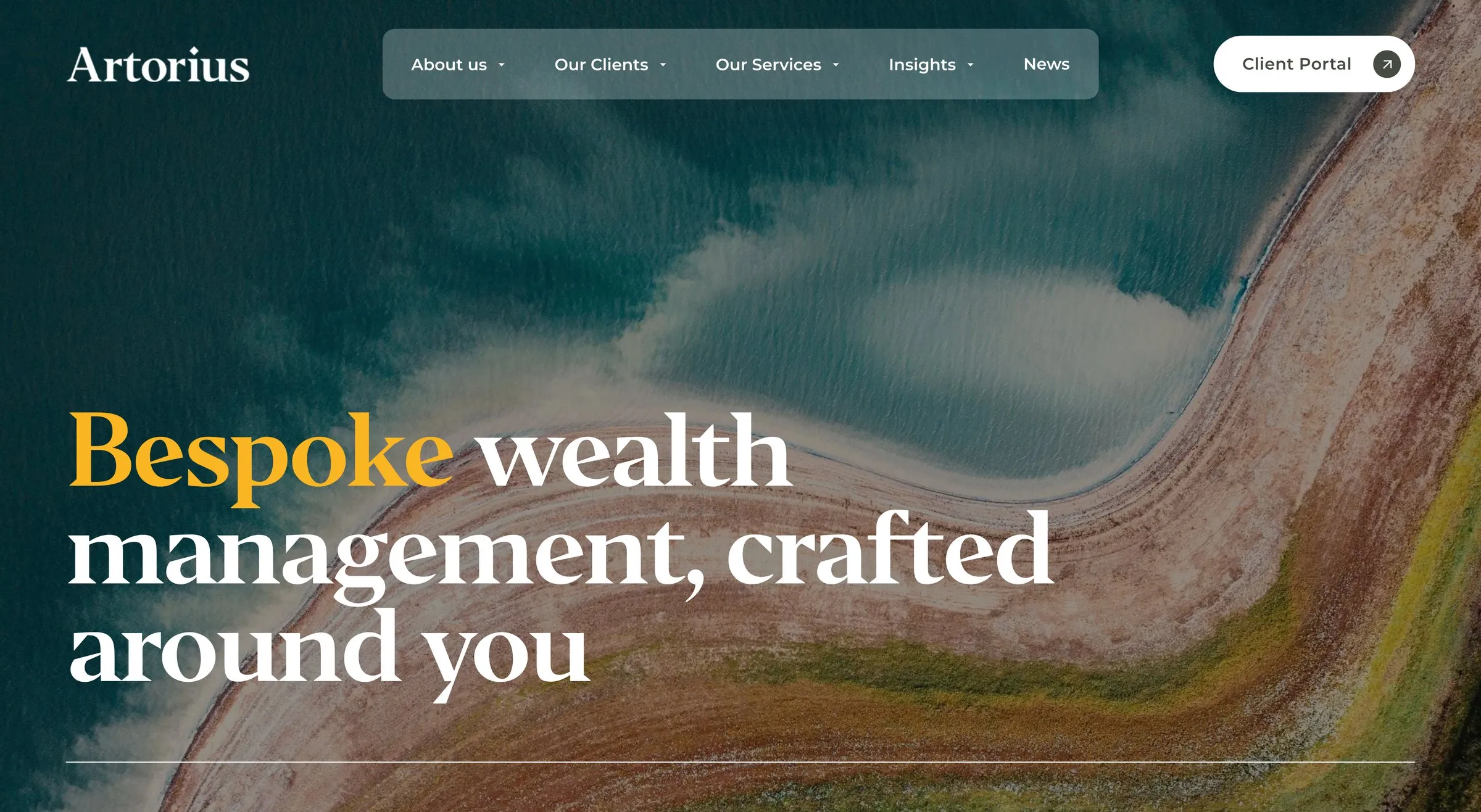 Artorius homepage on Squarespace: an aerial photograph of a coastline with the headline Bespoke wealth management, crafted around you, and a Client Portal button