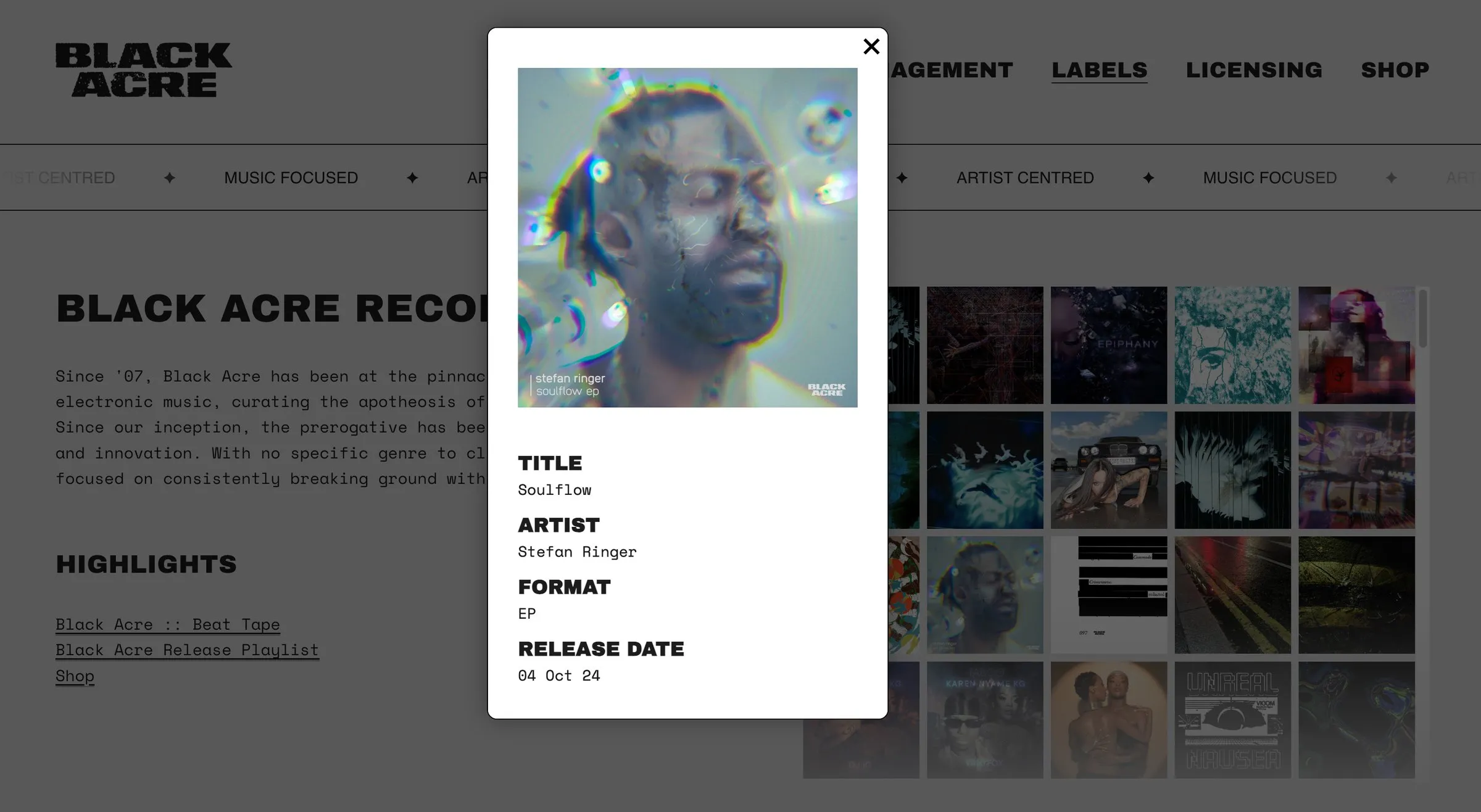Black Acre’s Labels page on Squarespace with a record opened from the wall, showing title, artist, format and release date