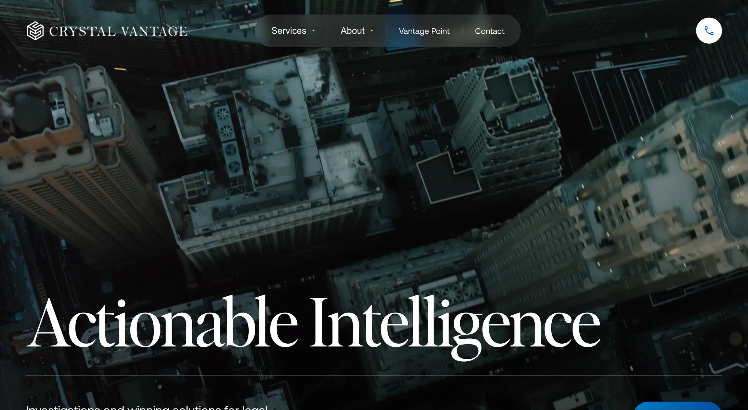 Crystal Vantage homepage on Squarespace: an aerial photograph of city rooftops at night with the headline Actionable Intelligence