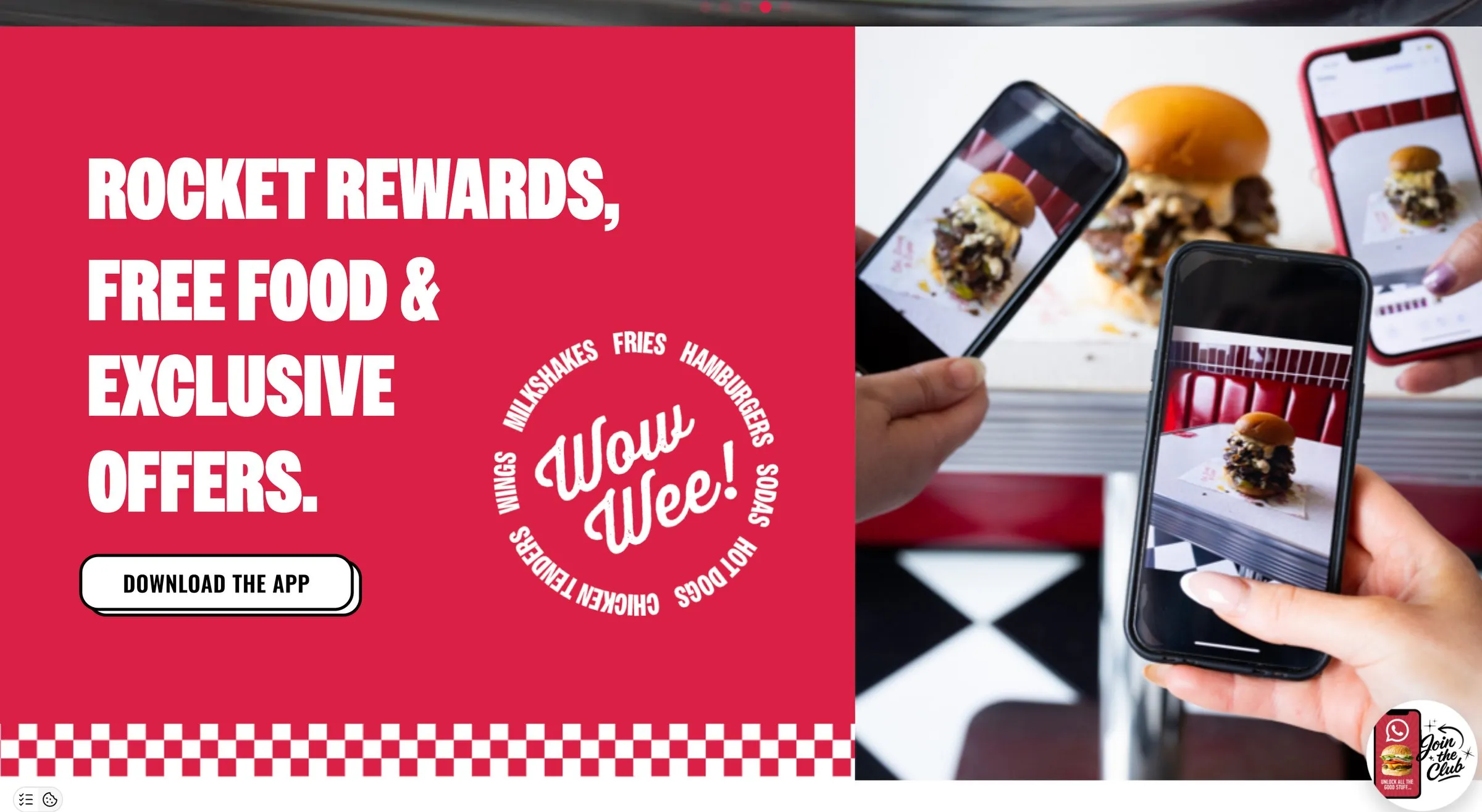 Eddie Rocket’s Rocket Rewards section on Squarespace, red diner typography and phones showing the loyalty app