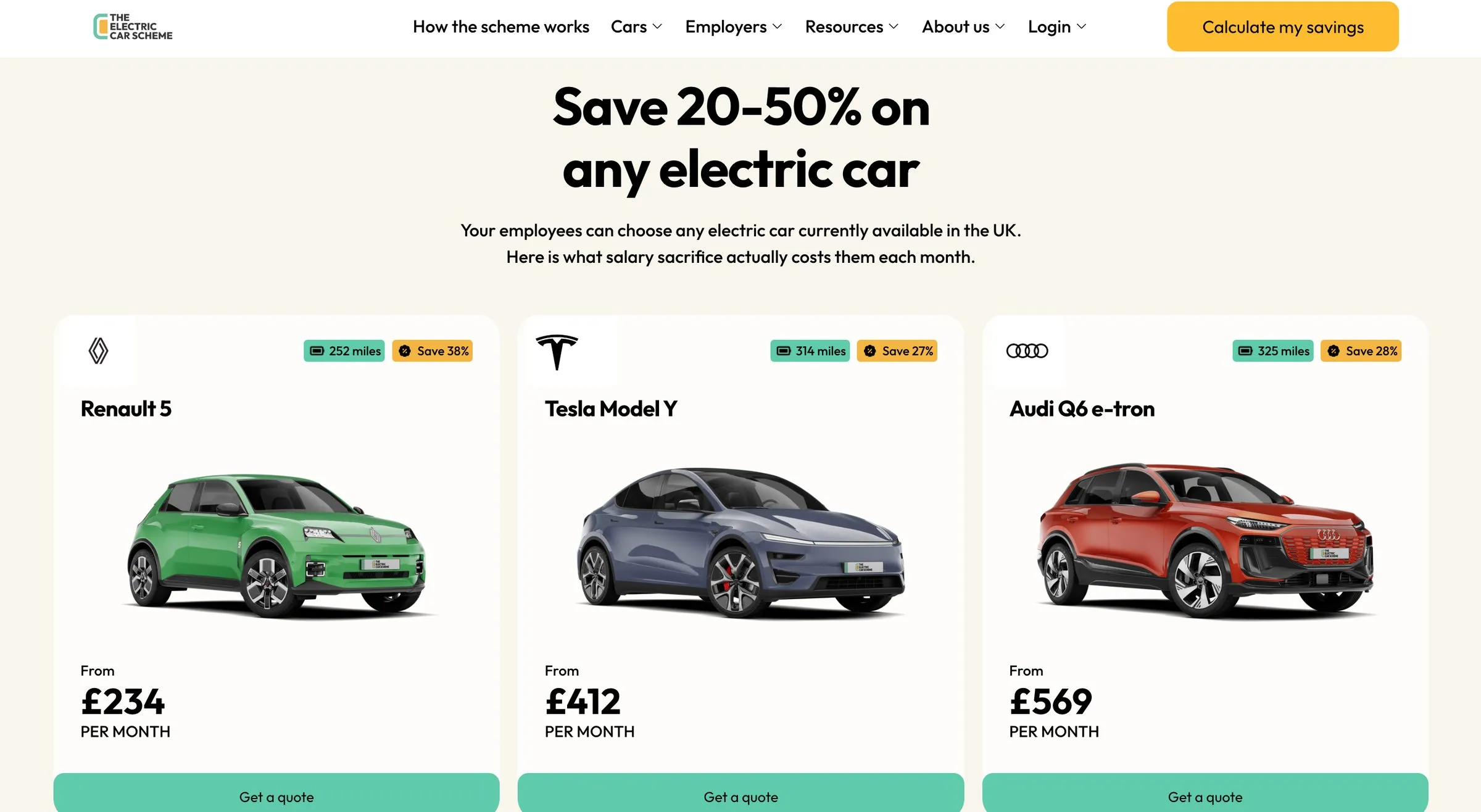 The Electric Car Scheme homepage on Squarespace, showing three electric cars with their monthly salary-sacrifice prices and Get a quote buttons