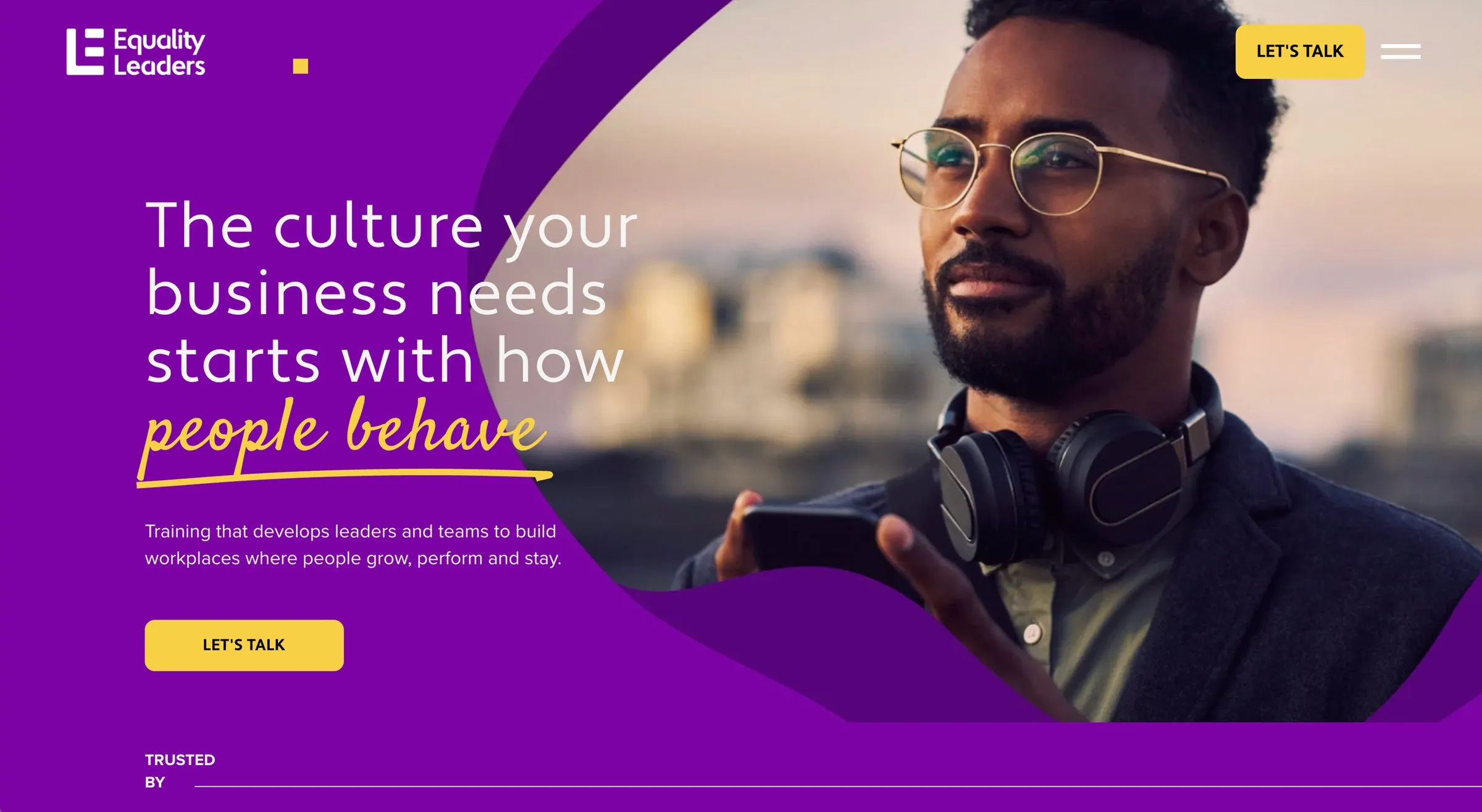 Equality Leaders homepage on Squarespace, purple with a portrait and a hand-written highlight in the headline