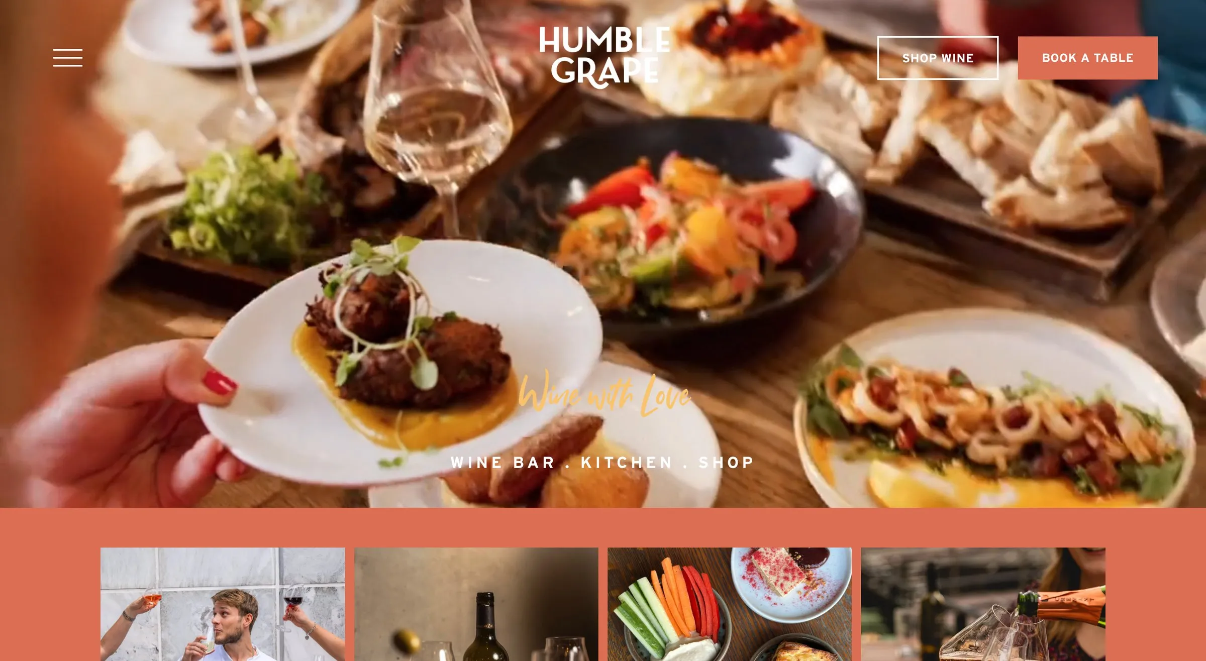 Humble Grape’s homepage on Squarespace, a close-up of small plates and wine with Book a table and Shop wine buttons