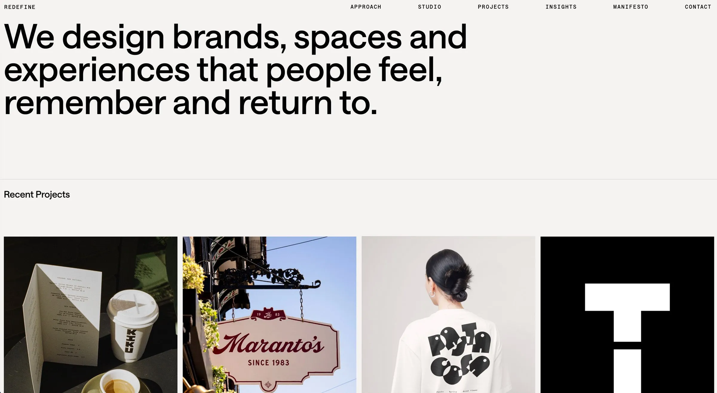 Redefine’s homepage on Squarespace, a three-line statement in a large grotesk over a warm white page, with a row of project photographs below