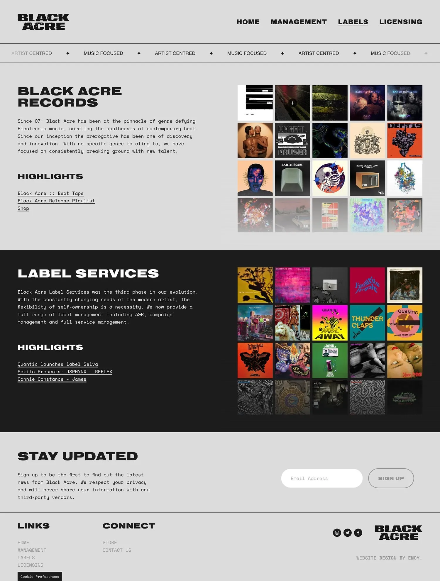 Full homepage design of the Black Acre Records website