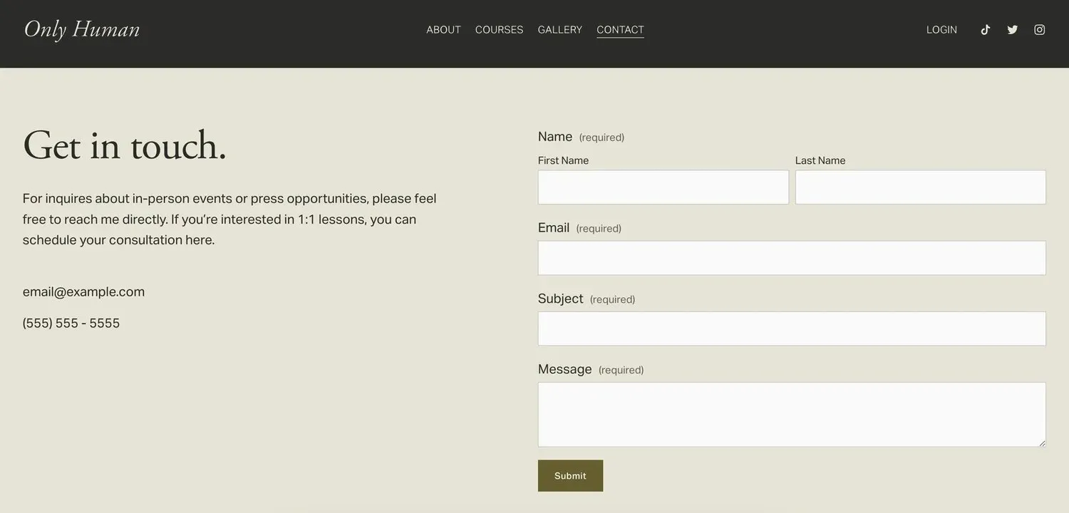 A screenshot of the contact page on a website, showing a different color page header.