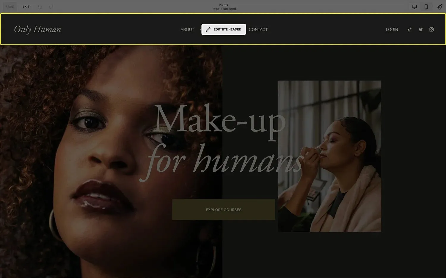 A screenshot of the Squarespace editor with the header highlighted.