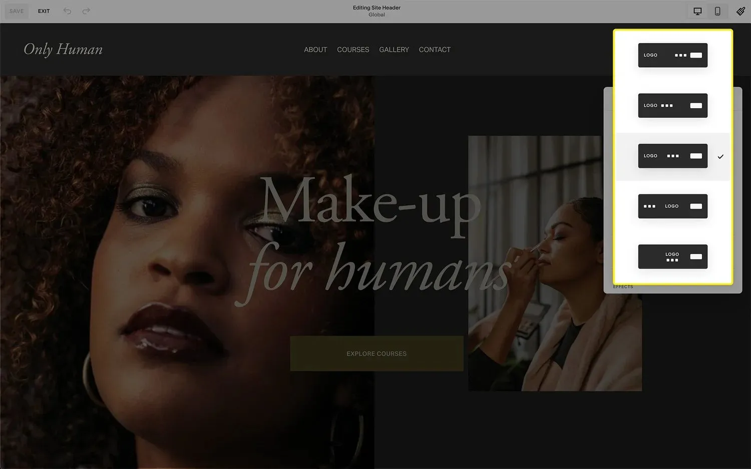 A screenshot of the different header types in Squarespace in the editor.
