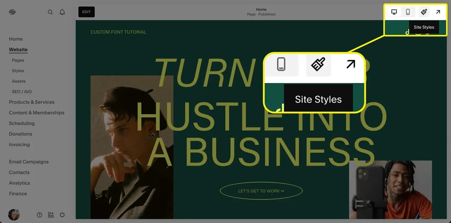 A screenshot of the Squarespace editor, highlighting the "Site Styles" option in the menu.