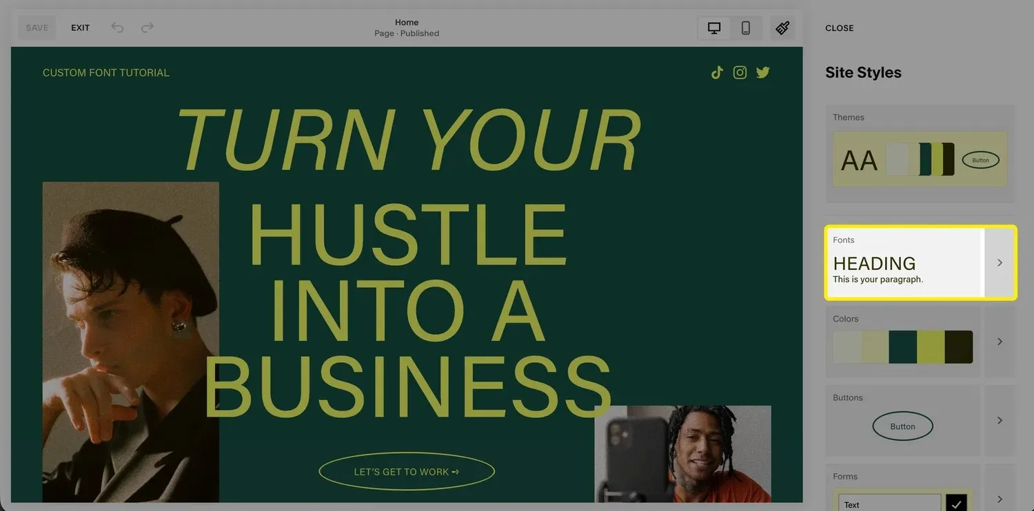 A screenshot of the Squarespace editor, highlighting the "Fonts" option in the styles menu.