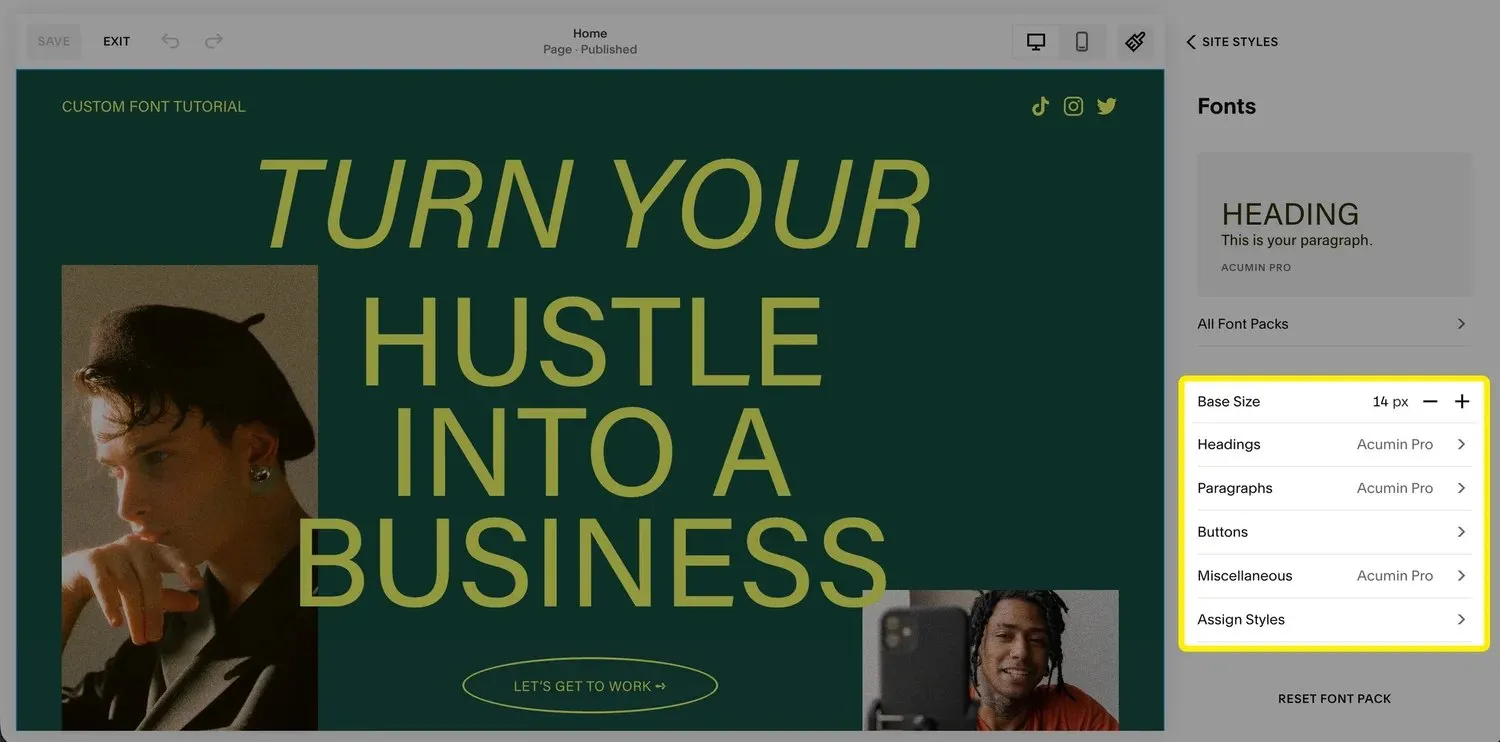 A screenshot of the Squarespace editor, highlighting the font options in the styles menu.