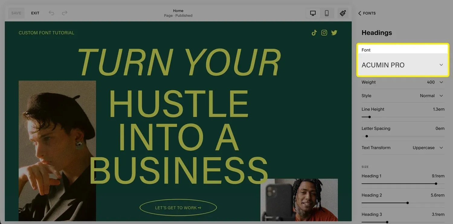 A screenshot of the Squarespace editor, highlighting the "Font" option in the site styles menu.