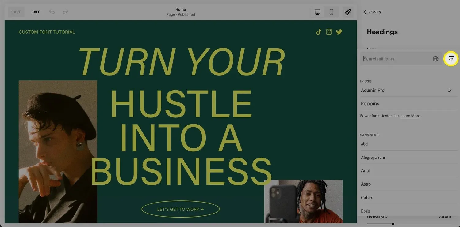 A screenshot of the Squarespace editor, highlighting the upload font option in the styles menu.