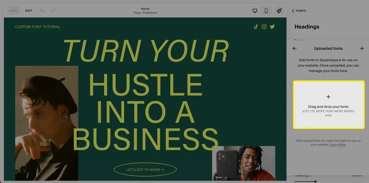 A screenshot of the Squarespace editor, highlighting the font uploader in the styles menu.