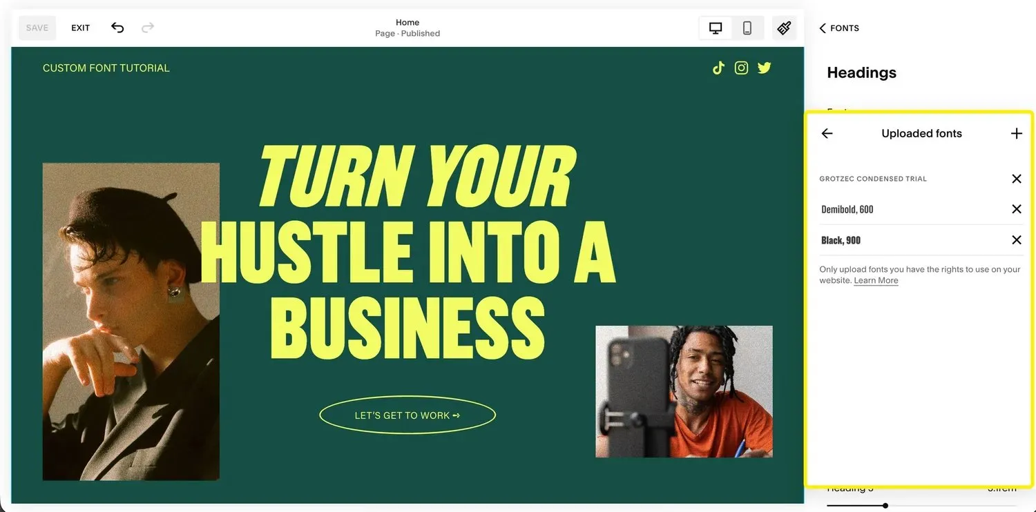A screenshot of the Squarespace editor, showcasing multiple uploaded fonts and font weights option in the styles menu.