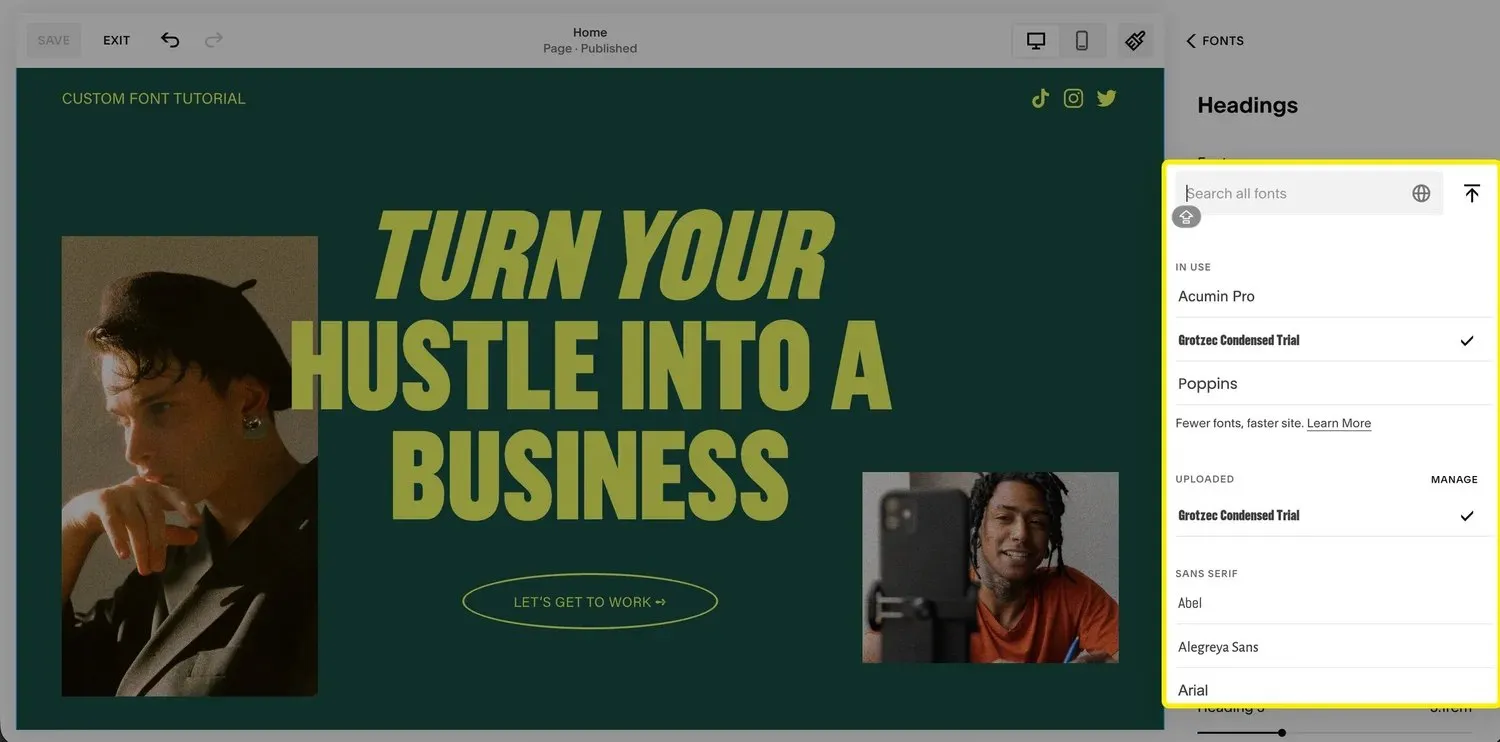 A screenshot of the Squarespace editor, highlighting a selected font in the styles menu.