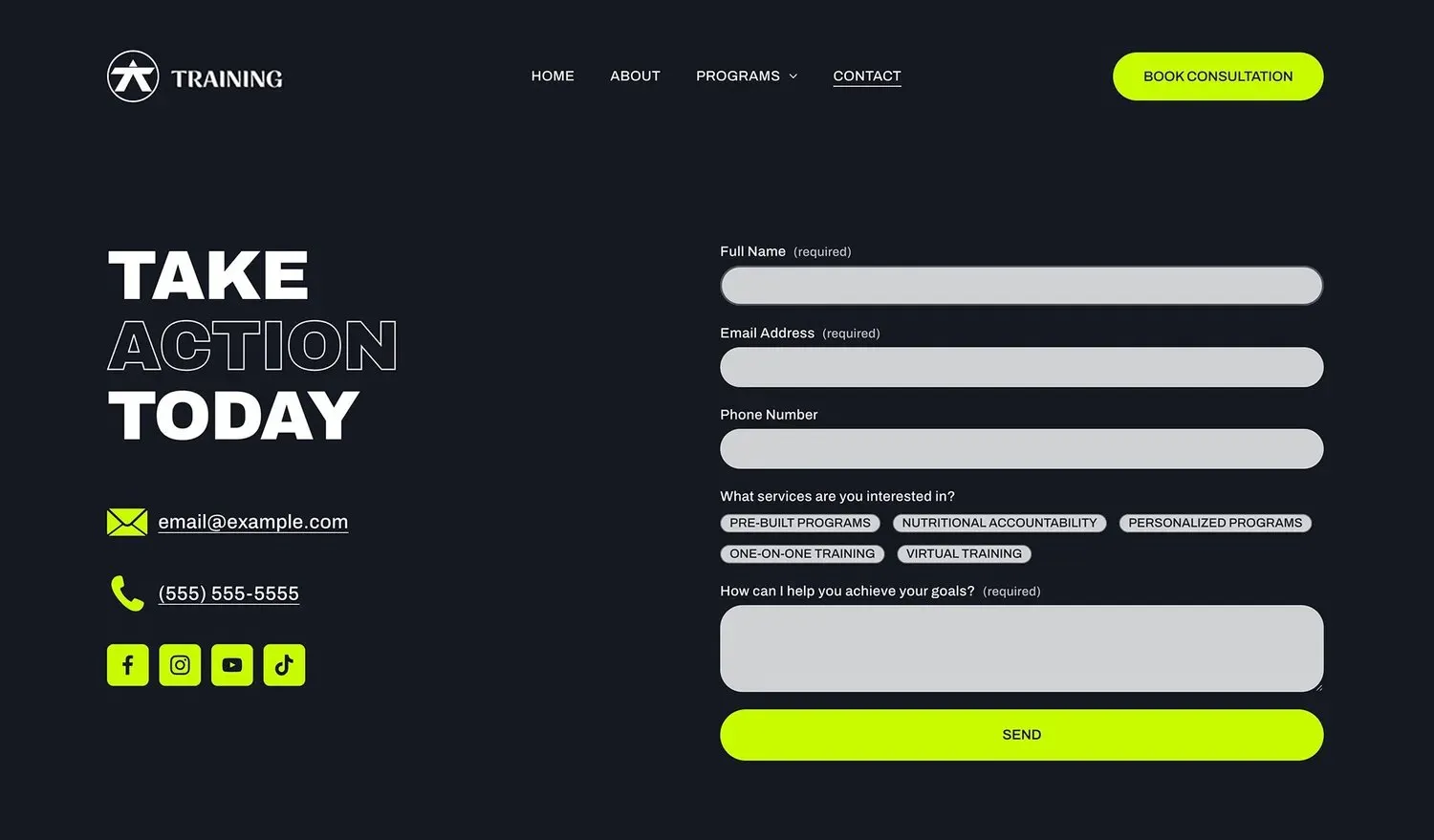 An example of a contact page on a Squarespace website including Facebook, Instagram, YouTube and TikTok social media links.