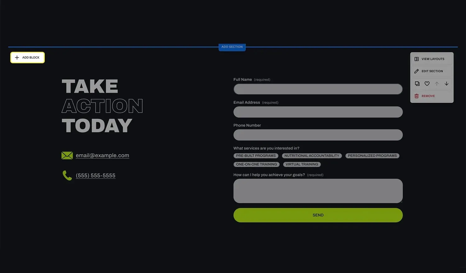 An example of the Add Block button in the Squarespace editor.